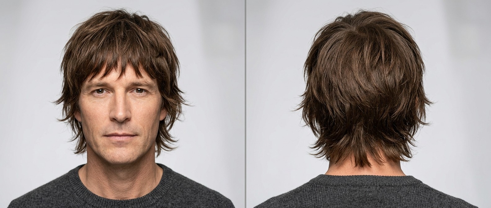 Widok z przodu i z tyłu na dojrzałego mężczyznę w średniej długości brązowej fryzurze typu shag z teksturowaną grzywką i wywiniętymi końcówkami.
