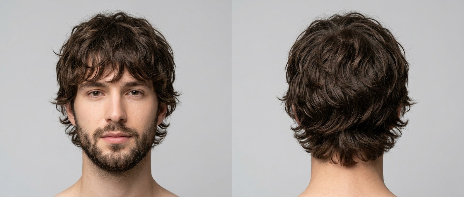 Młody mężczyzna z nowoczesną fryzurą wavy shag w kolorze ciemnego brązu, widok z przodu i z tyłu, z zadbaną brodą.