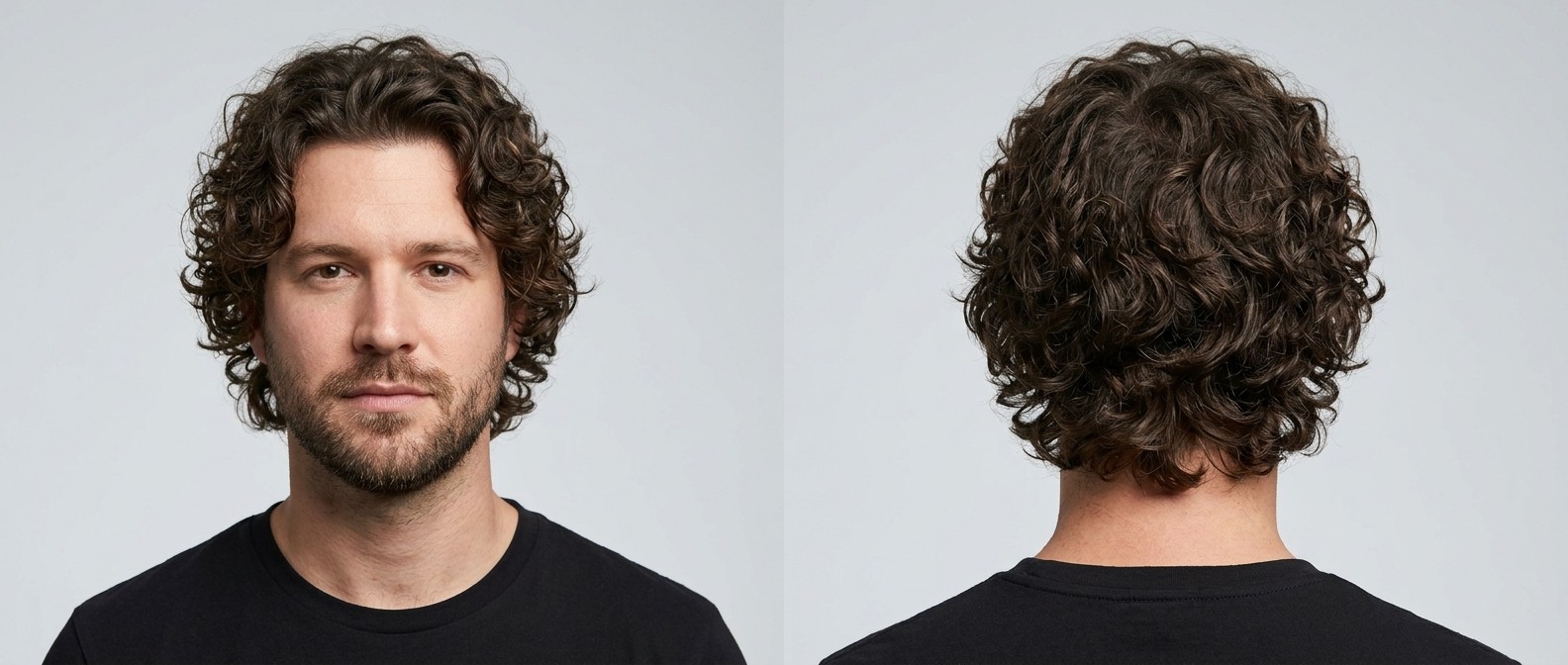 Mężczyzna z krótką brodą i ciemnobrązowymi, kręconymi włosami w stylu curly shag.