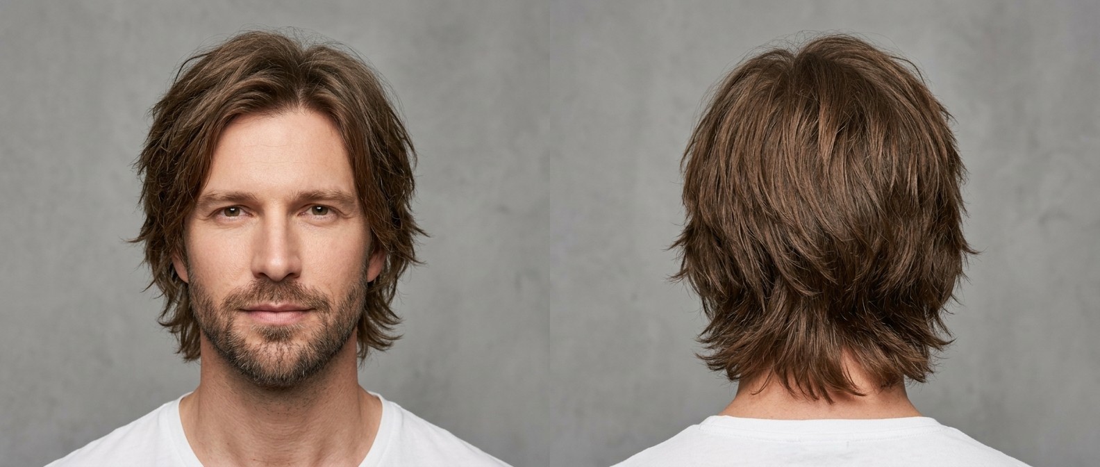 Mężczyzna w wieku 35-45 lat z brązową, warstwową fryzurą typu shag, grzywką i krótką brodą.