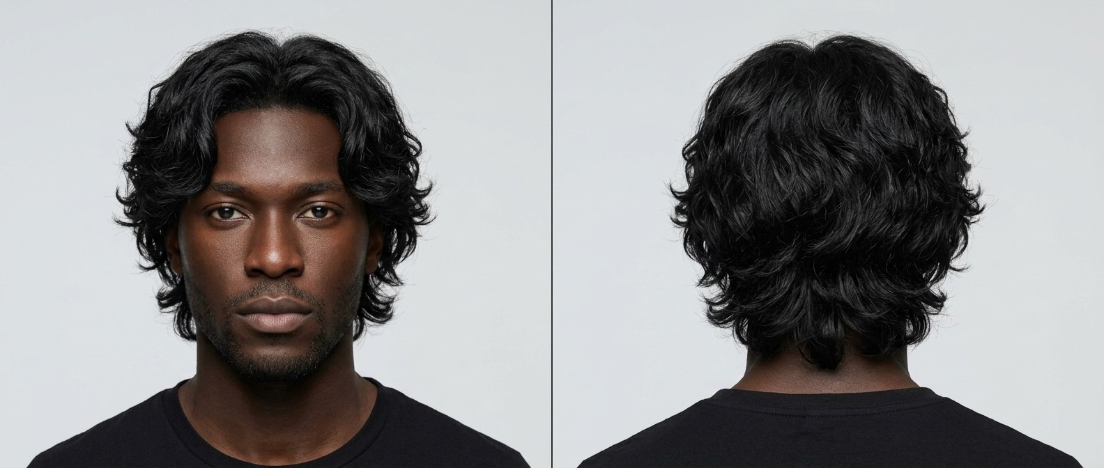 Vorder- und Rückansicht eines jungen Mannes mit dickem, glänzendem, welligem schwarzem Haar in einem mittellangen Shag-Schnitt mit Mittelscheitel.