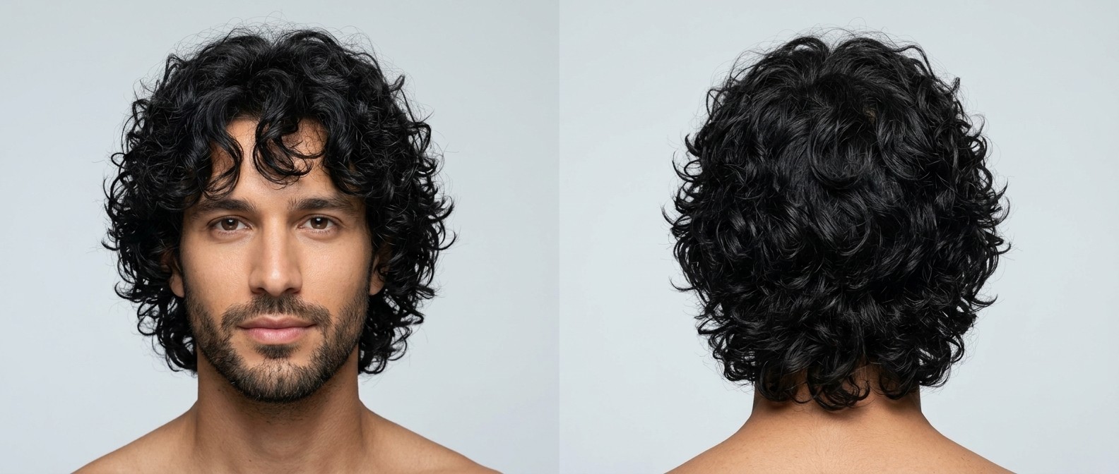 Vorder- und Rückansicht eines Mannes mit kurzem Bart und voluminösem, schwarzem Curly Shag Haarschnitt.