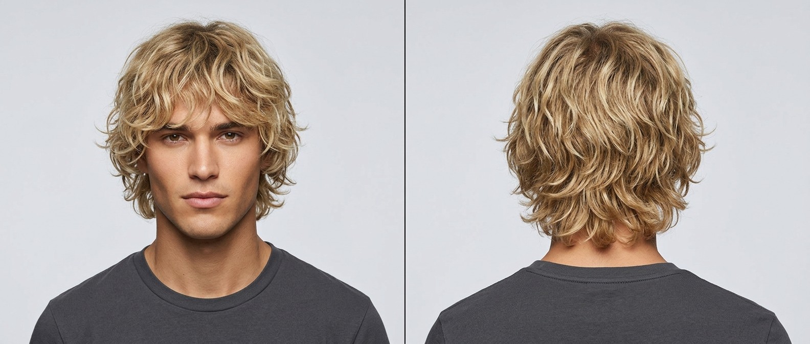 Vorder- und Rückansicht eines jungen Mannes mit blondem, dichtem, welligem Haar (Typ 2), gestylt als moderner Shag mit texturiertem Pony.