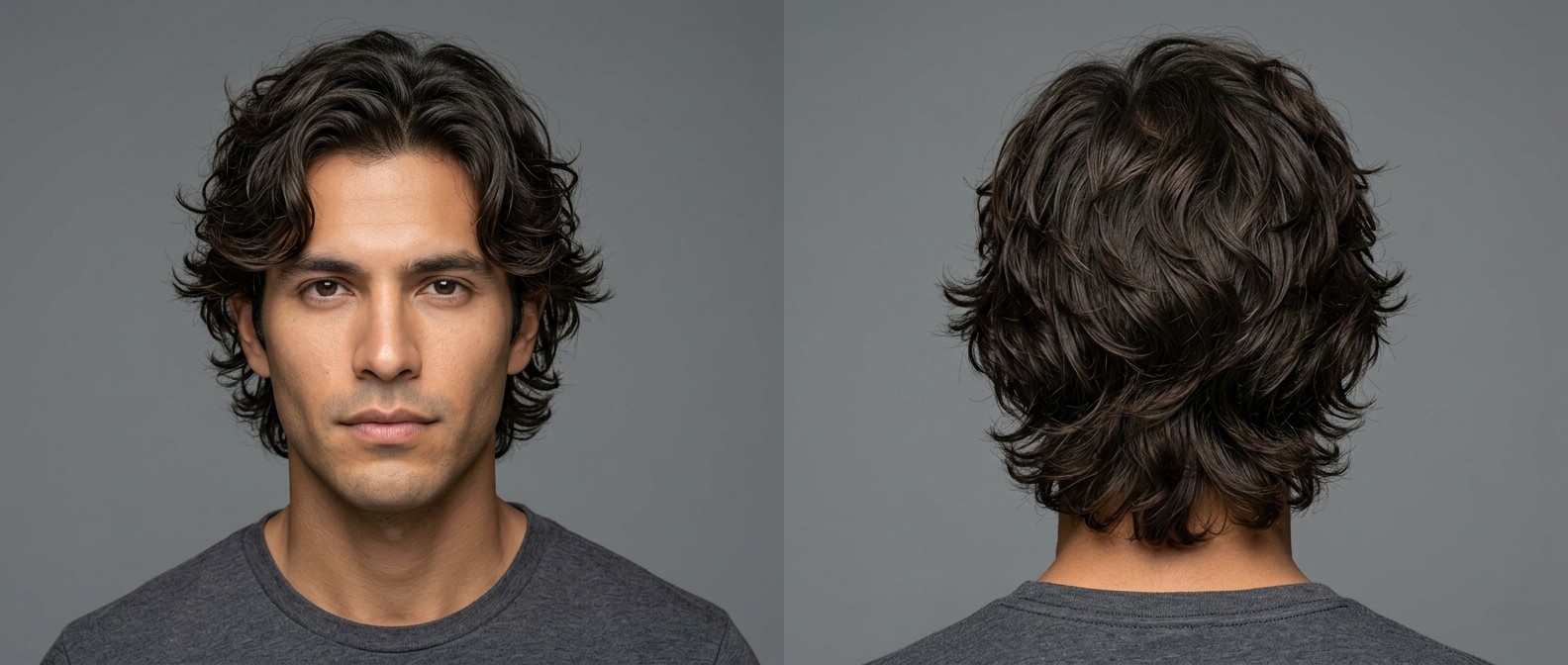 Front and back view of a Latino man with dark brown wavy hair wearing a medium-length layered shag haircut with a middle part and textured ends.