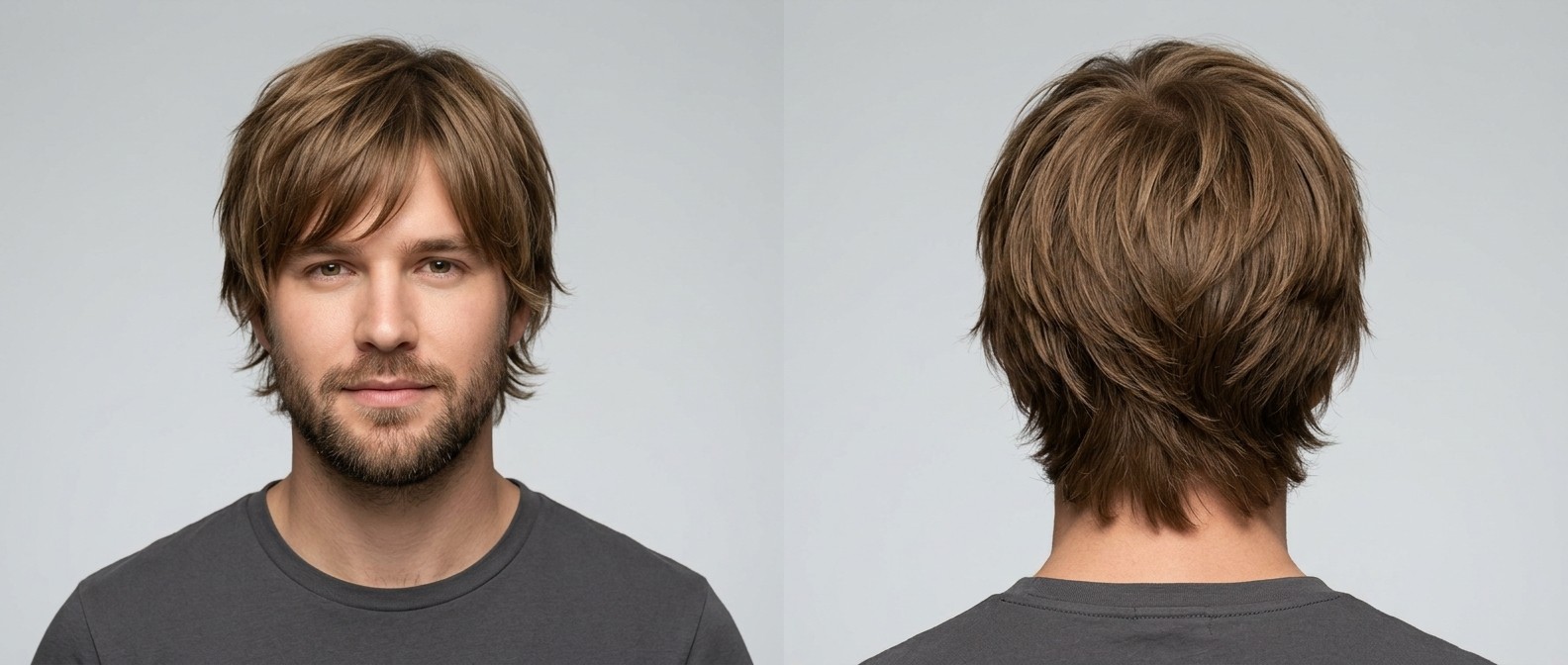 Front and back view of a Caucasian man with a light brown, layered shag haircut featuring a sweeping fringe and textured neck length.