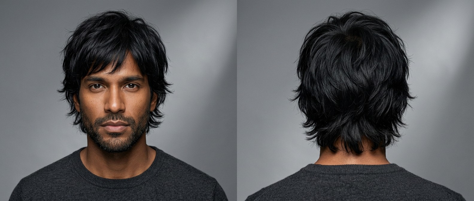 Widok z przodu i z tyłu na 30-letniego mężczyznę z nowoczesną, warstwową fryzurą shag i krótką brodą.