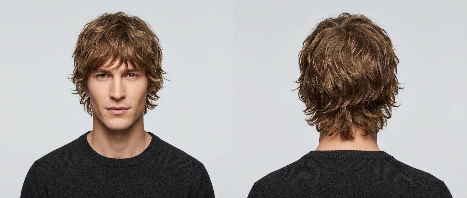 Vista frontal y trasera de un hombre con corte shag ondulado, flequillo texturizado, laterales capeados y nuca desfilada.