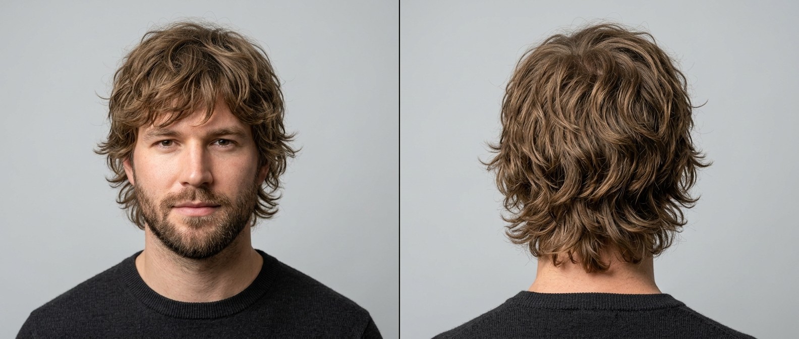Vue de face et de dos d'un homme aux cheveux châtain clair, coupe shag ondulée avec frange texturée et barbe courte.