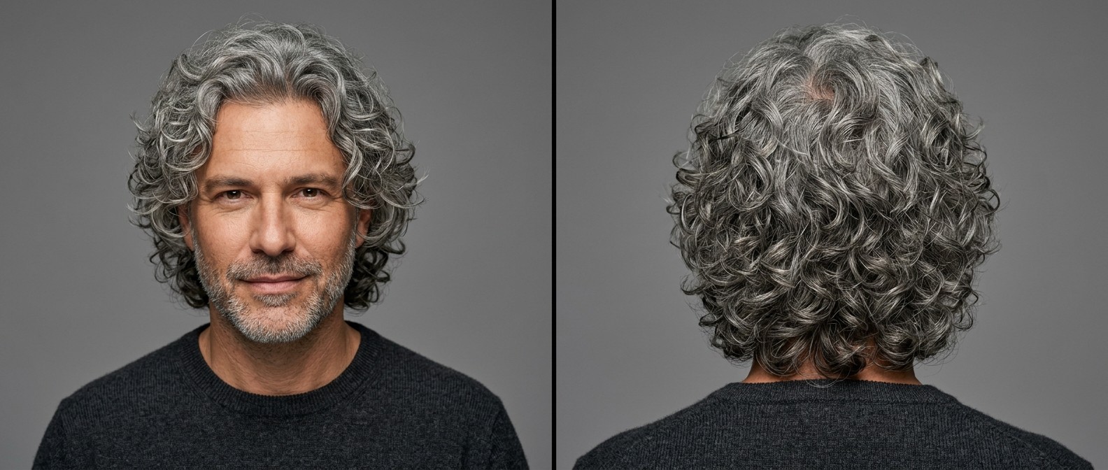 Widok z przodu i z tyłu na dojrzałego mężczyznę o średniej karnacji z długą, warstwową fryzurą typu curly shag w srebrnym kolorze.