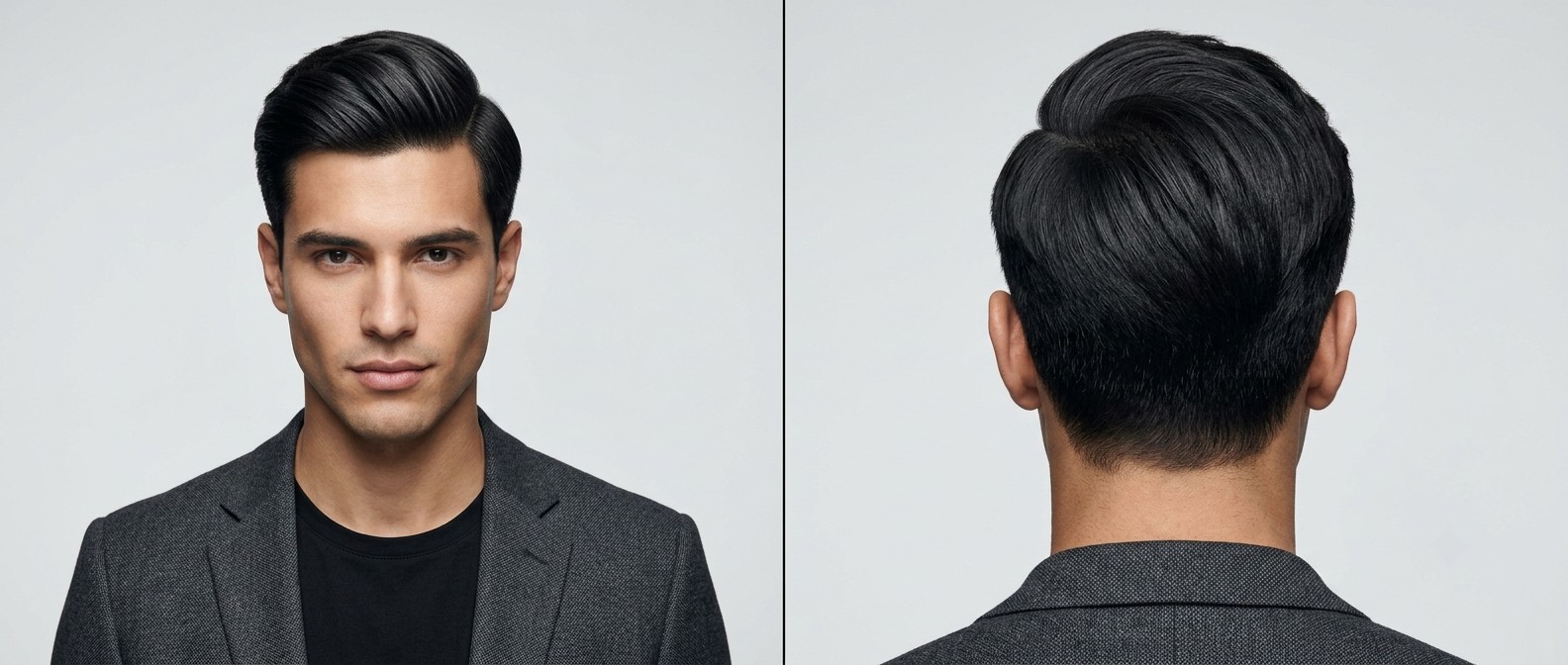 Front and back view of a man with thick black hair styled in an elegant classic side part, featuring tapered short sides and sweeping top volume.