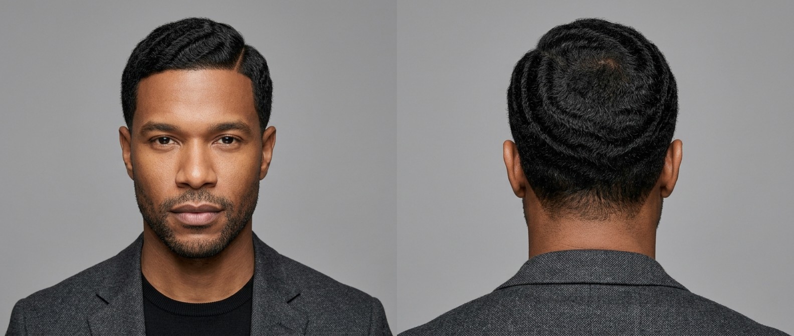 Mężczyzna w wieku 35-45 lat z fryzurą 360 waves, precyzyjnym przedziałkiem, ostrym konturem i lekkim zarostem.
