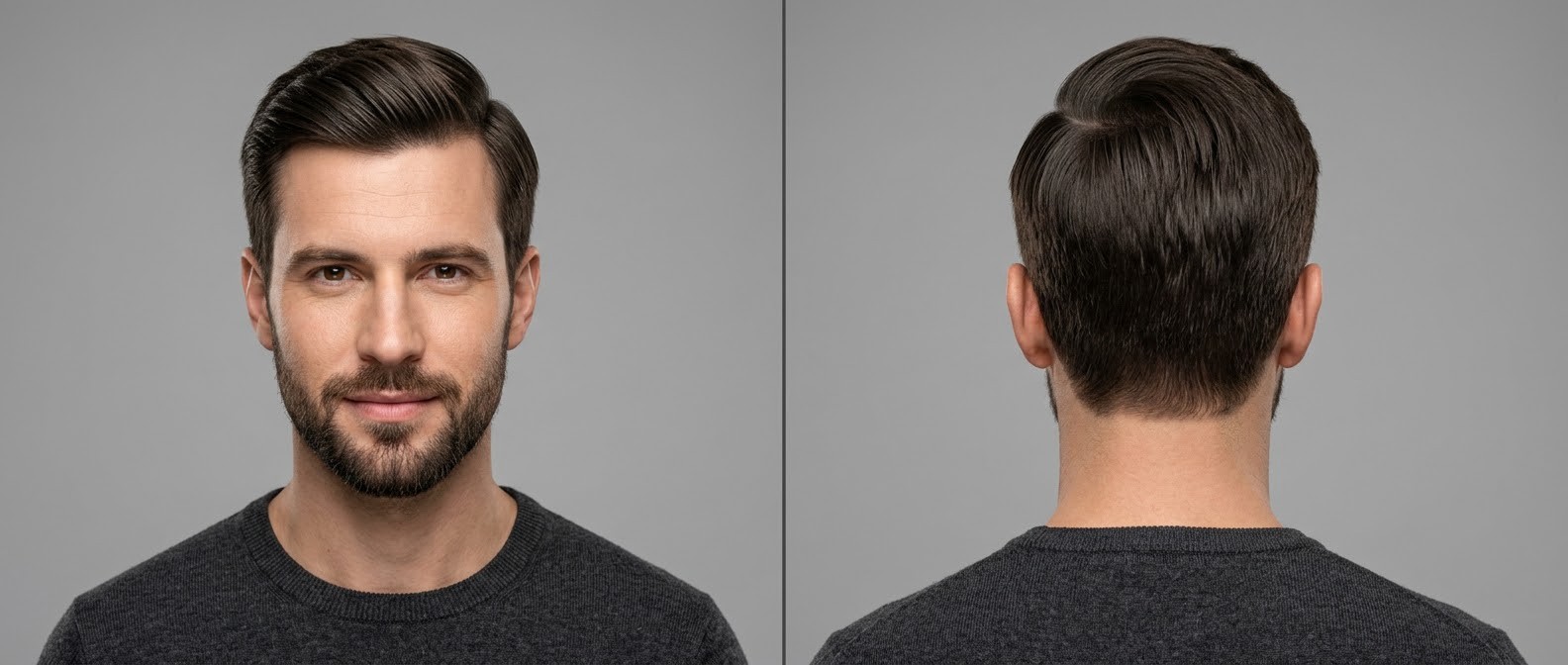 Front and back view of a Caucasian man with a short beard wearing a classic medium-length side part hairstyle with tapered sides.