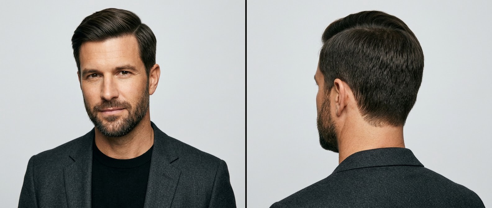 Reifer Mann im dunklen Anzug mit gepflegtem Bart und klassischem Executive Side Part Haarschnitt für dickes glattes Haar.