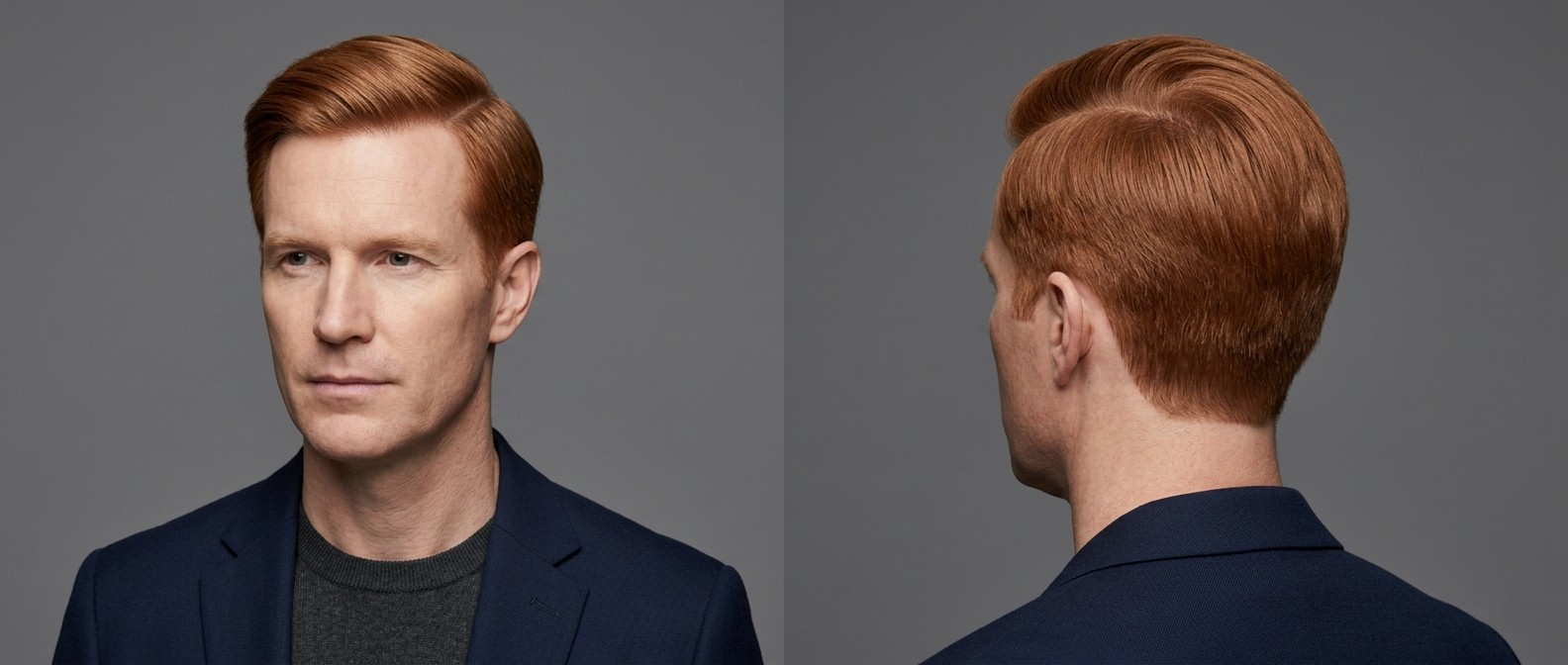 Dojrzały mężczyzna z prostymi, miedzianymi włosami w klasycznym przedziałku, z bokami strzyżonymi nożyczkami i precyzyjnie ułożoną linią włosów.