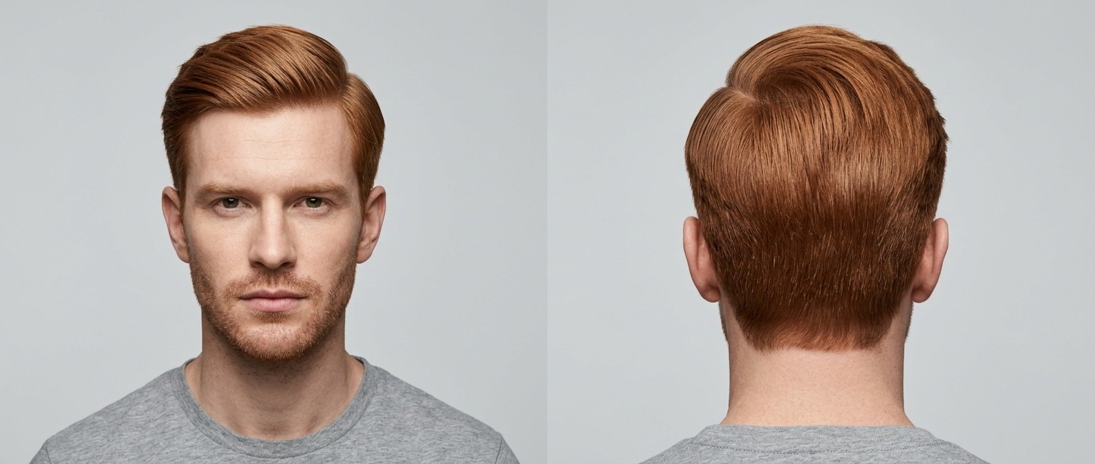Mężczyzna z gęstymi rudymi włosami w klasycznej fryzurze executive side part z wycieniowanymi bokami.