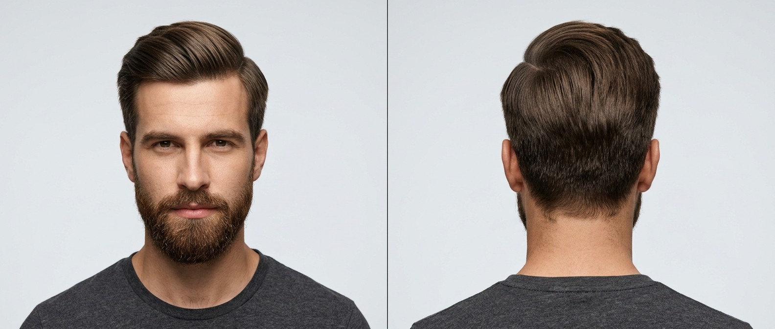 Mężczyzna z profesjonalną fryzurą executive side part, gęstą brodą i starannie wycieniowanymi bokami.