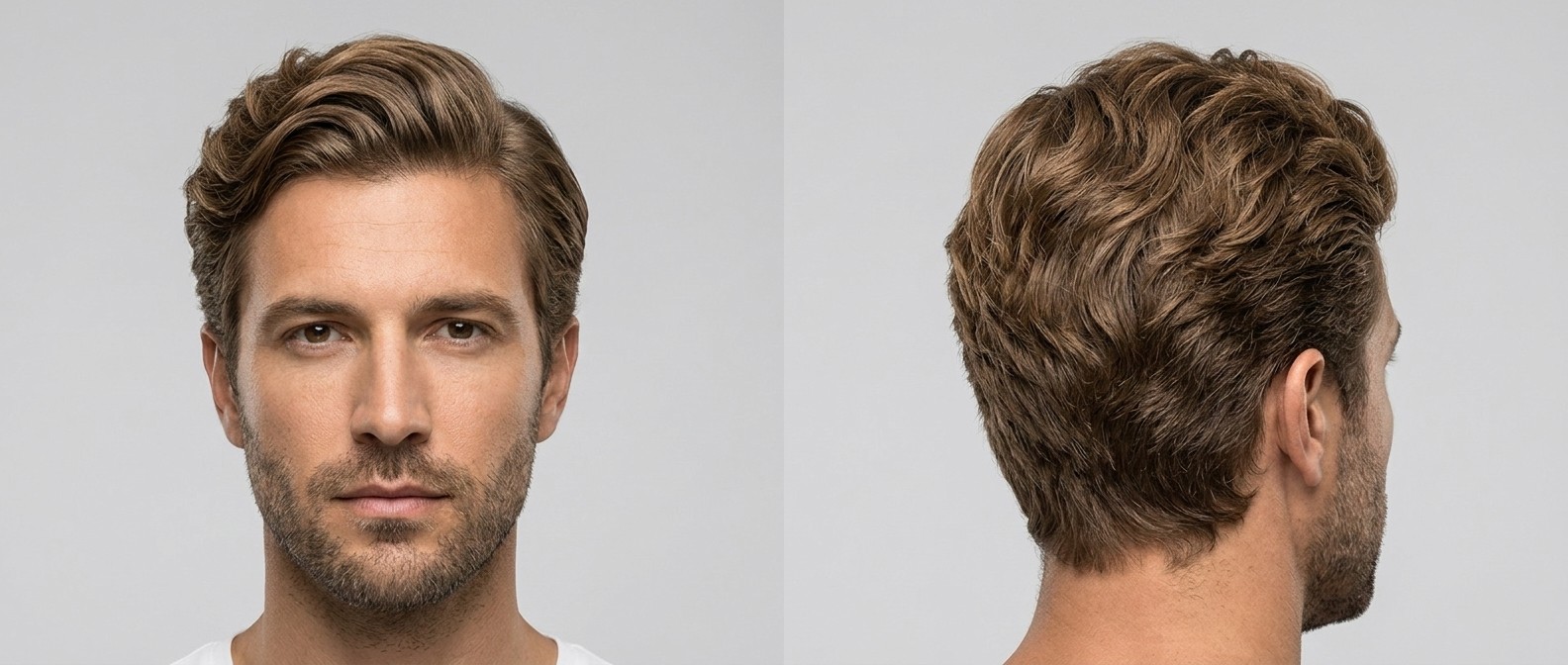 Vista frontal y trasera de un hombre con cabello castaño claro, denso y ondulado, peinado con un side part moderno y laterales a tijera.