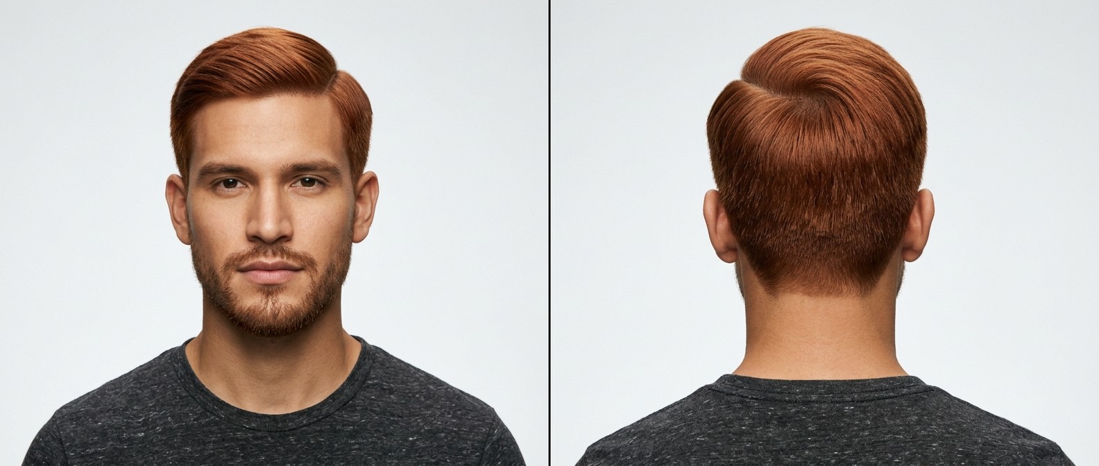 Młody elegancki mężczyzna z rudymi włosami w klasycznej fryzurze side part i zadbaną brodą.