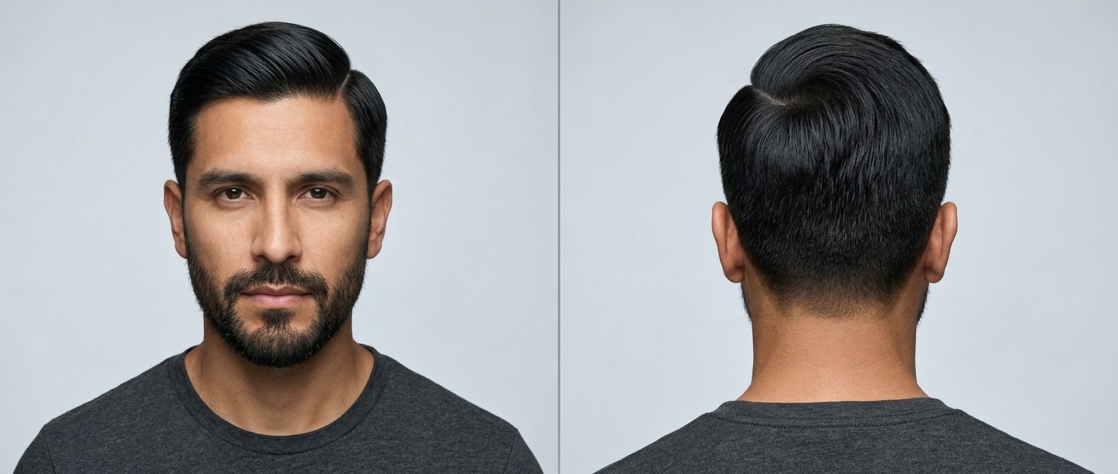 Latino-Mann mit gepflegtem Bart und klassischem Executive Side Part Haarschnitt mit Taper.