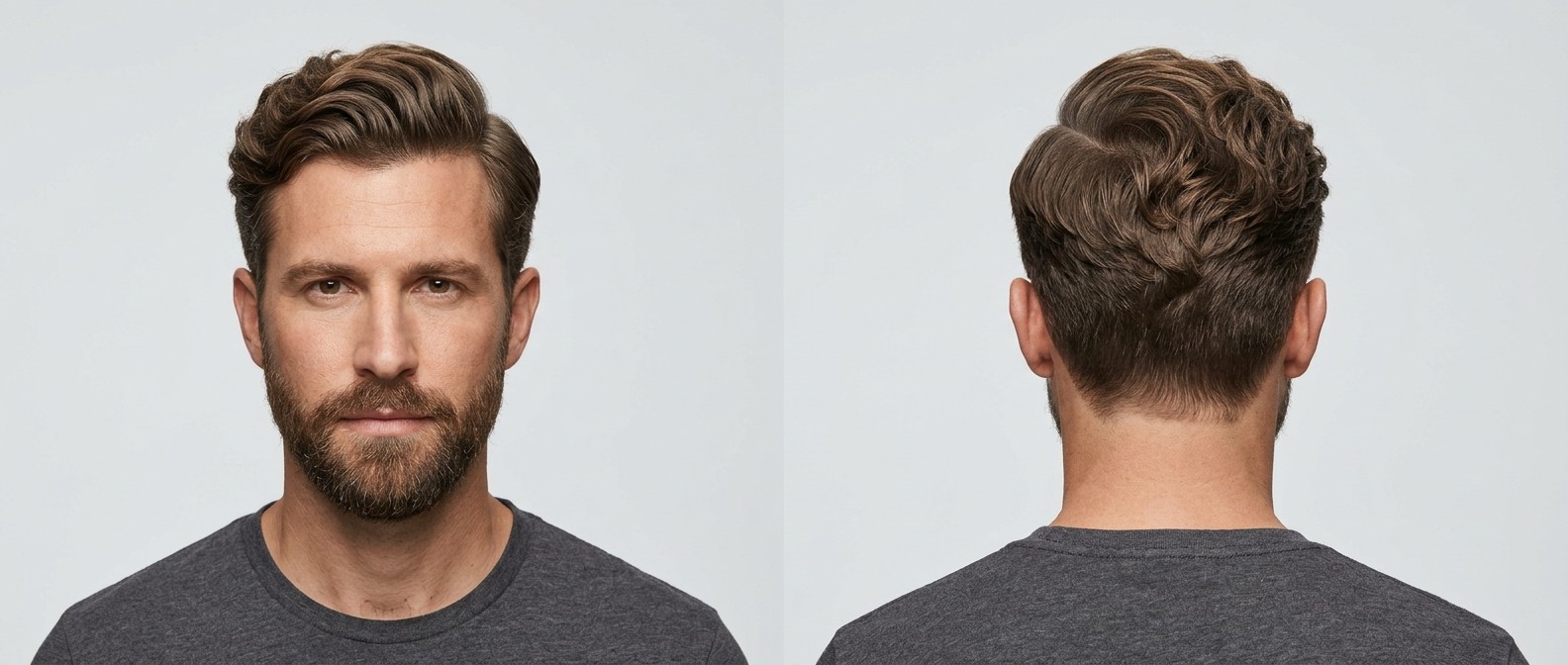 Vista frontal y trasera de un hombre con side part ondulado, nuca degradada, volumen frontal y barba bien cuidada.