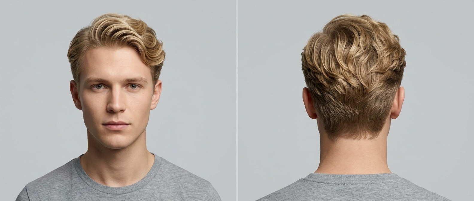 Vorder- und Rückansicht eines blonden Mannes mit weichem, welligem Seitenscheitel, mittellangem Deckhaar und sauber getapertem Nacken.