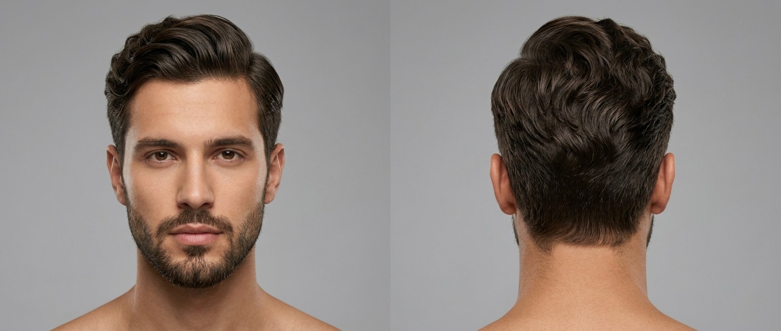 Front and back view of a handsome man with a classic wavy side part hairstyle, featuring scissor-cut tapered sides and a short, well-groomed beard.