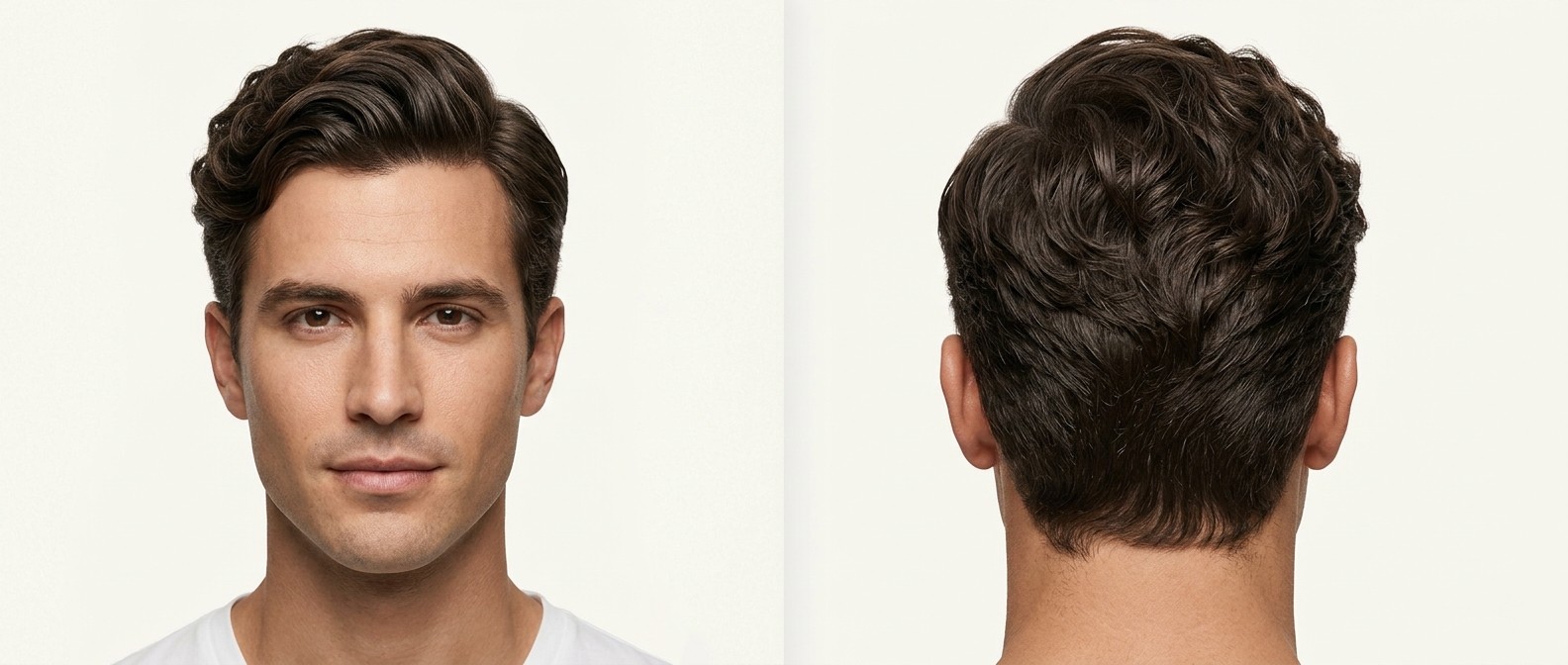Front and back view of a man with dark brown, thick wavy hair styled in a classic side part with medium volume and scissor-cut tapered sides.