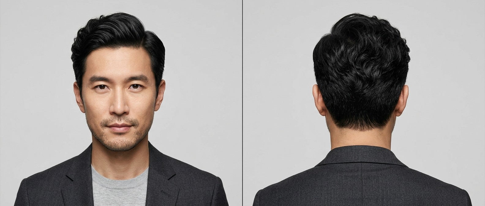 Mężczyzna w wieku około 35 lat z gęstymi, falowanymi czarnymi włosami ułożonymi w klasyczny przedziałek.