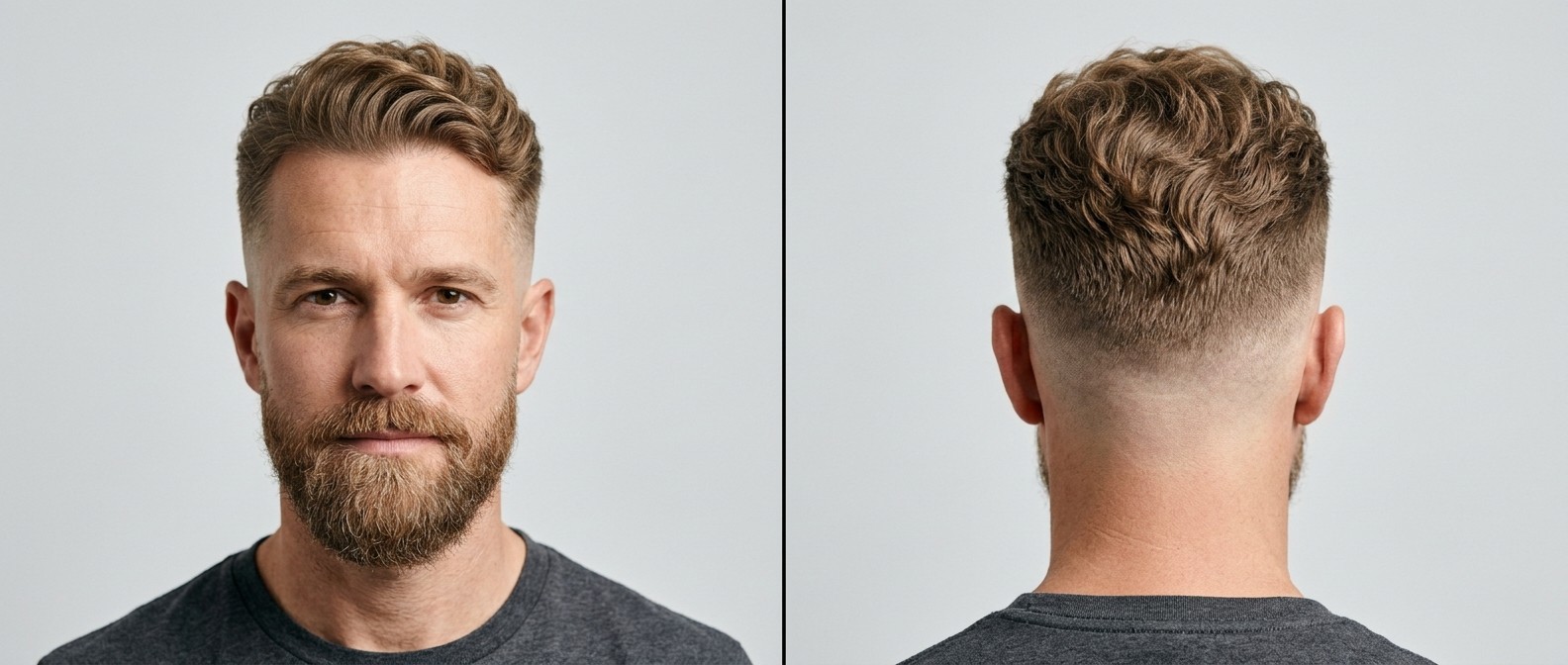 Vue de face et de profil d'un homme de 45 ans avec un dégradé à blanc, des cheveux ondulés texturés et une barbe soignée.