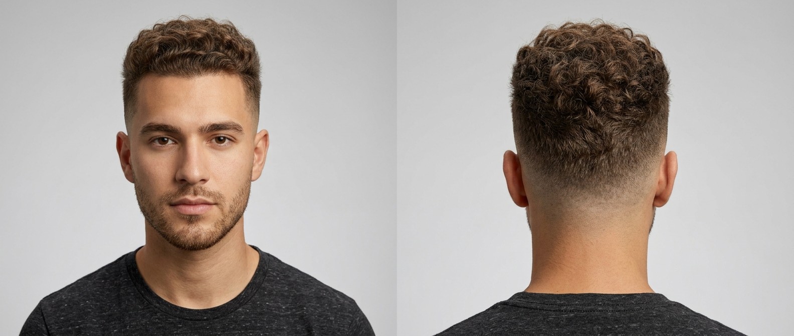 Young man with a high skin fade and medium length Type 3 curly brown hair on top, viewed from the front and back against a light grey background.