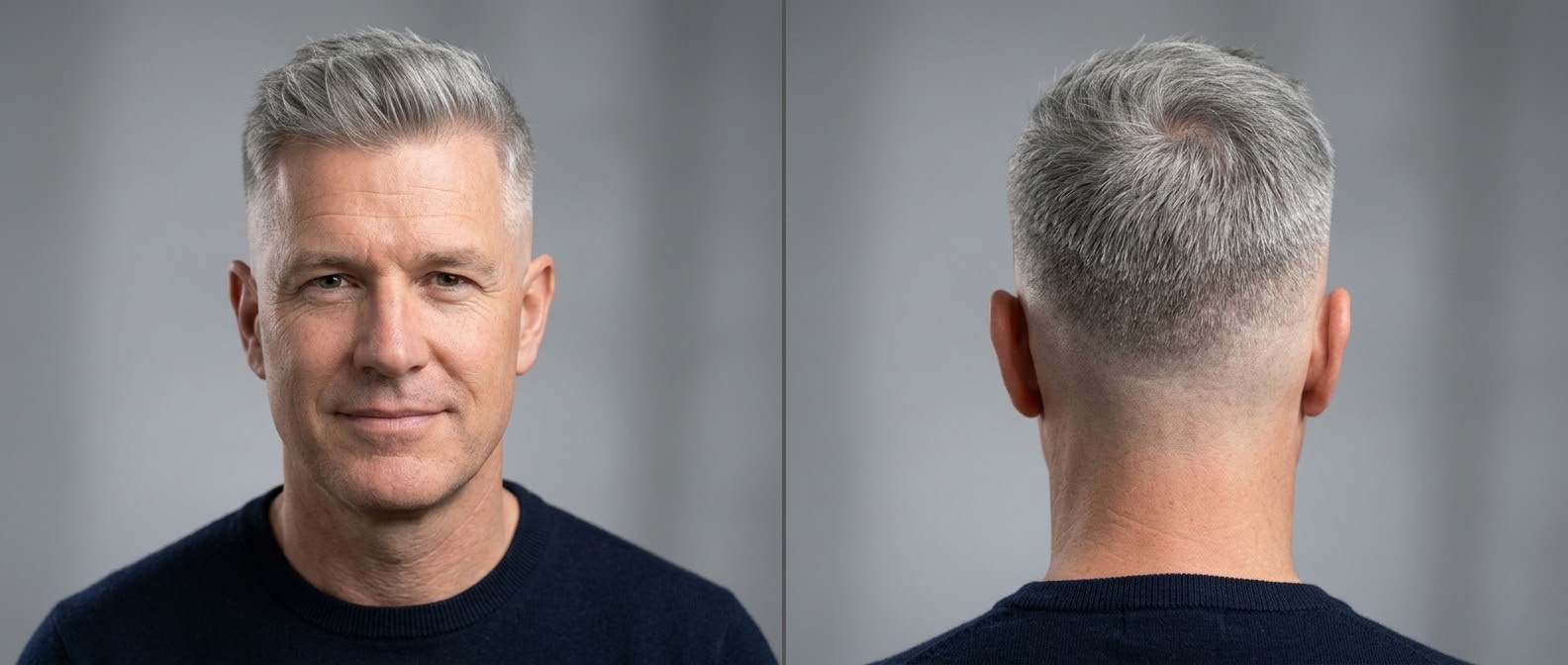 Homme mûr avec une quiff texturée argentée moderne et un dégradé à blanc, vues de face et de profil.
