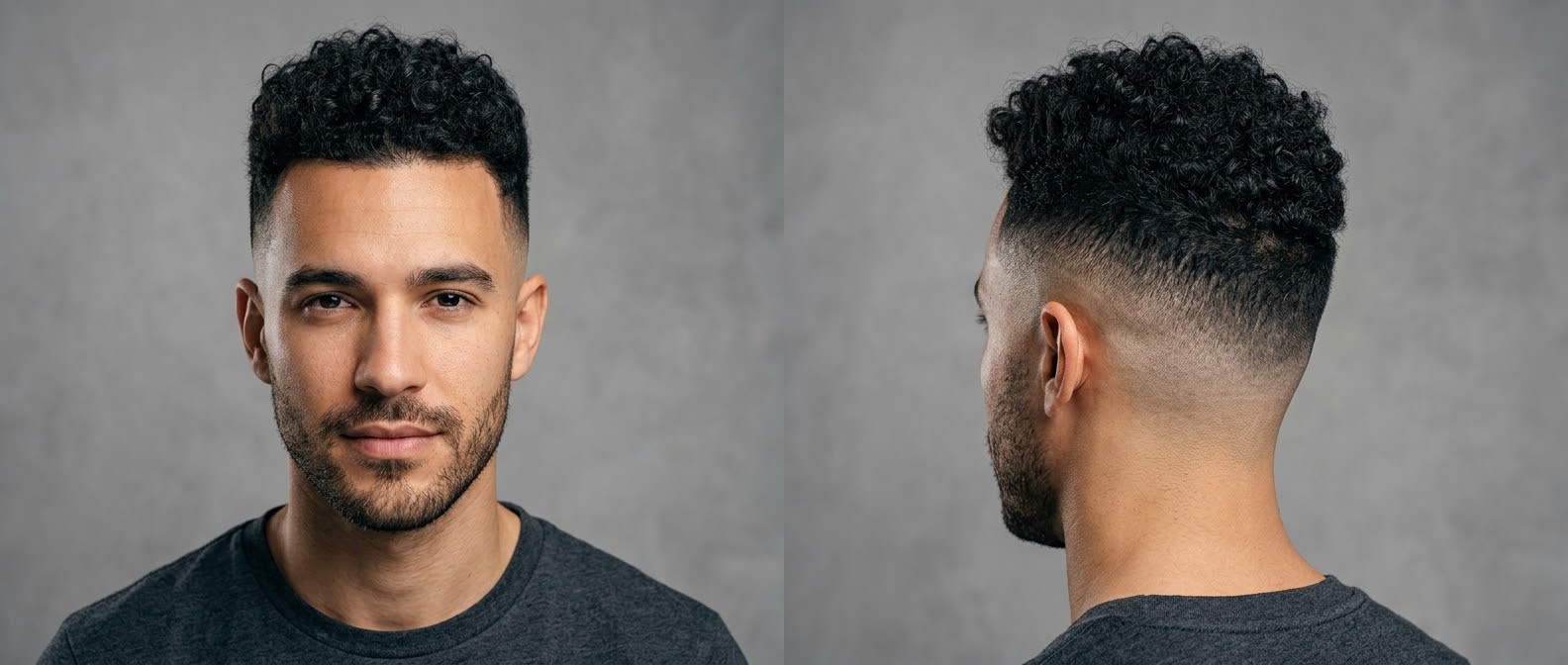 Visão frontal e lateral de um jovem com corte high skin fade, topo com cachos curtos e definidos, pezinho marcado e barba por fazer.