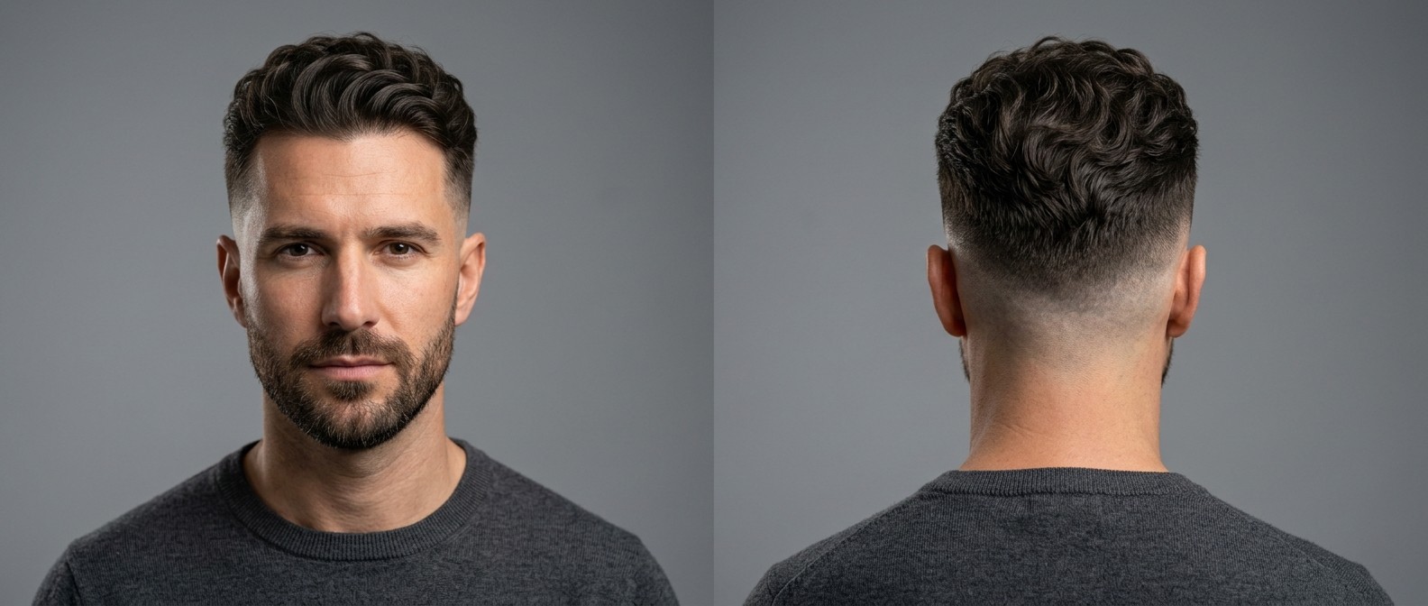Widok z przodu i z tyłu 40-letniego mężczyzny z fryzurą high skin fade, krótką brodą i pofalowanym quiffem ułożonym do tyłu.
