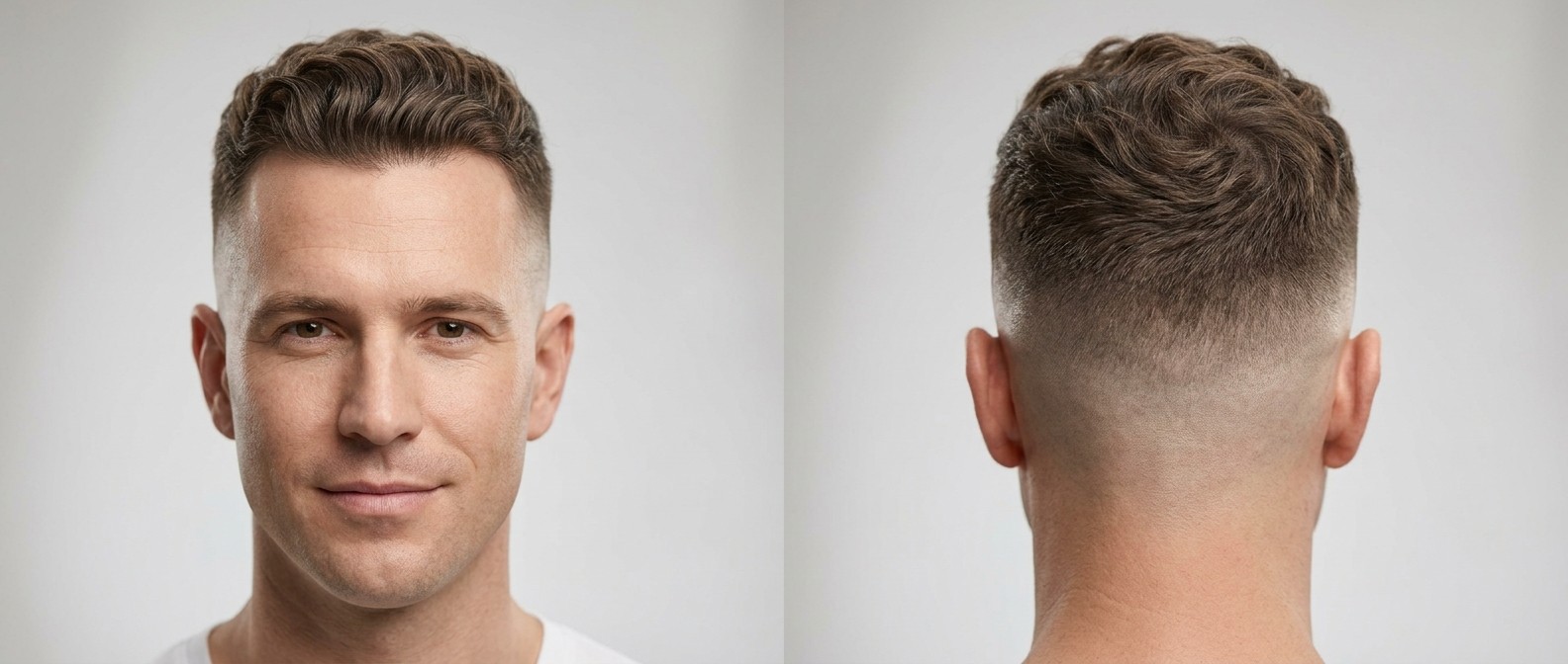 Widok z przodu i z tyłu mężczyzny w wieku 35-45 lat z fryzurą high skin fade, czystą linią czoła i krótkimi, falowanymi brązowymi włosami.