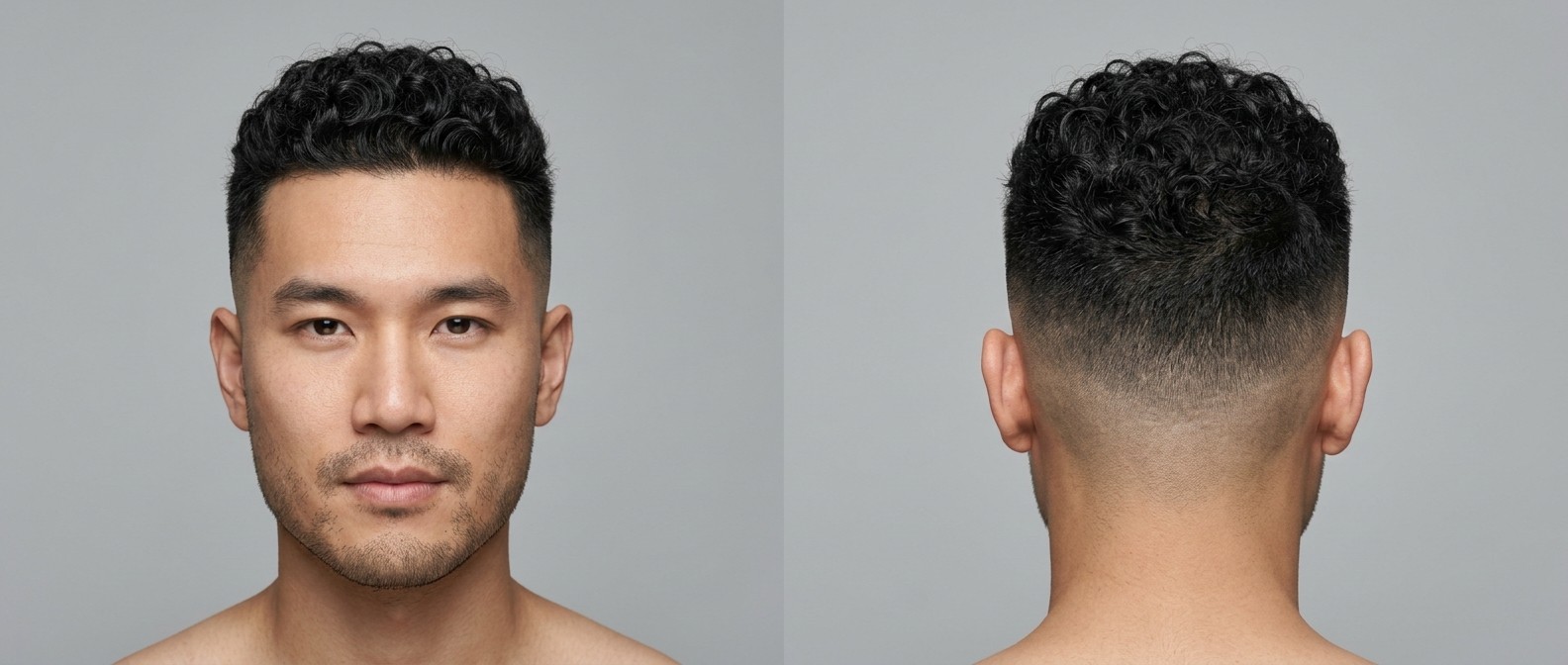 Azjatycki mężczyzna z wysokim skin fade, ostro wyznaczoną linią włosów i średniej długości teksturowanymi lokami typu 3 ułożonymi do przodu.