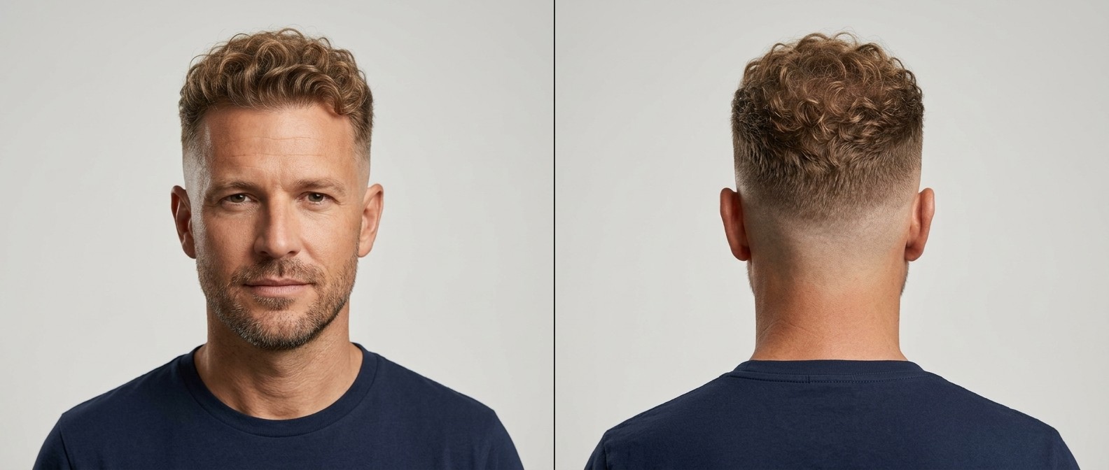 Widok z przodu i z tyłu na dojrzałego mężczyznę z High Skin Fade, krótkimi, teksturalnymi lokami typu 3 i lekkim zarostem.