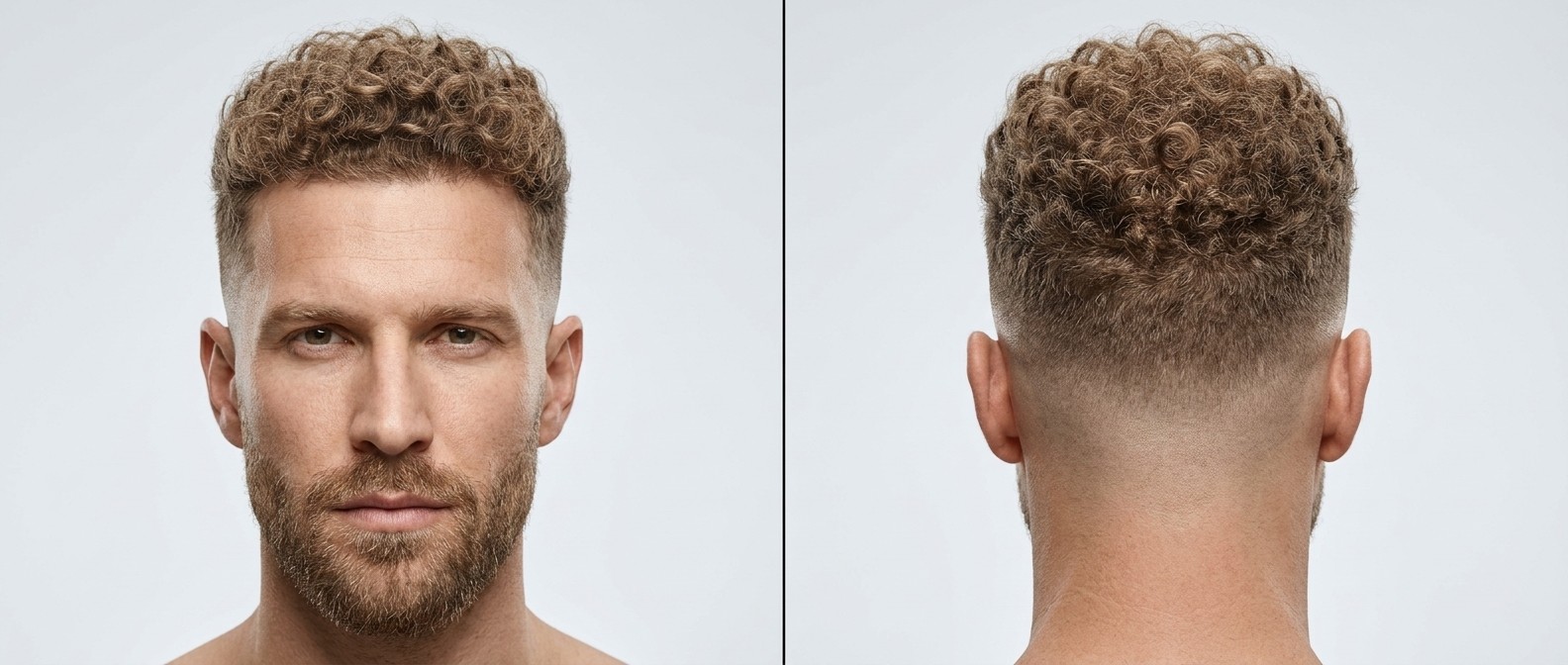 Vista frontal y posterior de un hombre con cabello castaño claro, rizos definidos tipo 4, con un edge-up marcado y un high skin fade impecable.