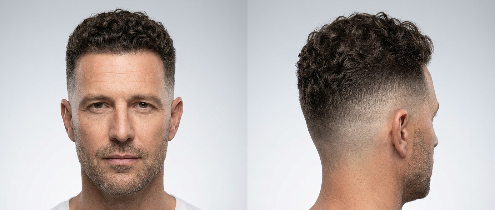 Hombre maduro de rostro ovalado con barba corta, luciendo un corte High Skin Fade con rizos naturales tipo 3 de color castaño oscuro.