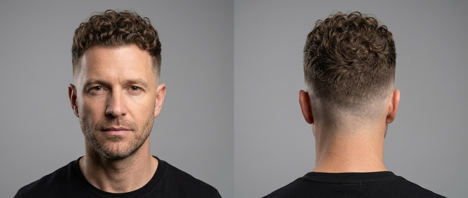 Vista frontal y trasera de un hombre maduro con mid skin fade, rizos castaños tipo 3 y línea frontal natural con barba de pocos días.