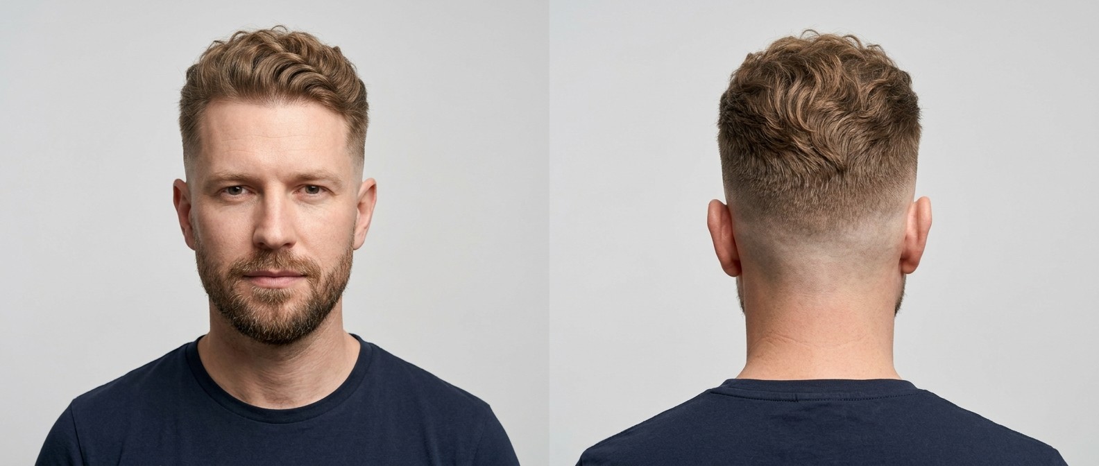 Widok z przodu i z tyłu przystojnego mężczyzny z falowanym quiffem, mid skin fade i zadbaną brodą na jasnoszarym tle.