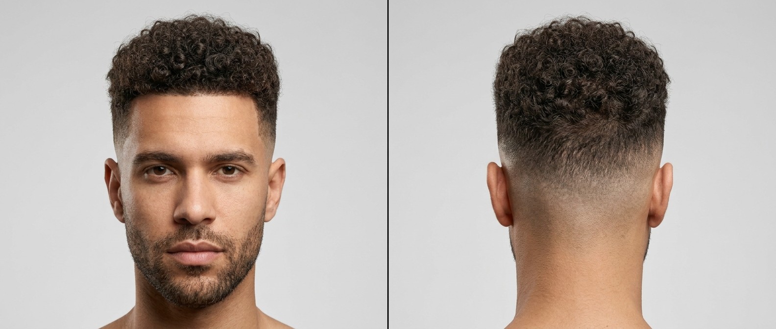 Front and back profile of a young man featuring a highly precise mid skin fade, a razor-sharp straight edge-up, and naturally dense, very curly Type 4 dark brown hair on top.