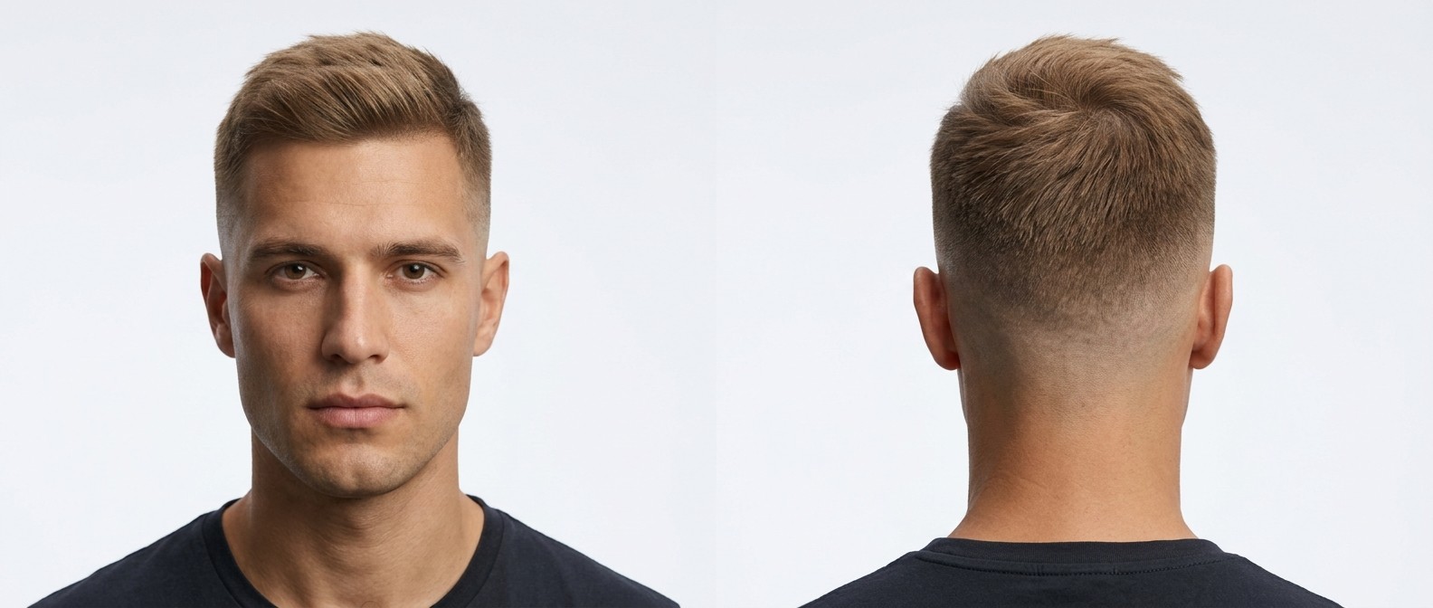 Widok z przodu i z tyłu mężczyzny z wysokim skin fade, teksturowaną górą i wyrazistą linią włosów.
