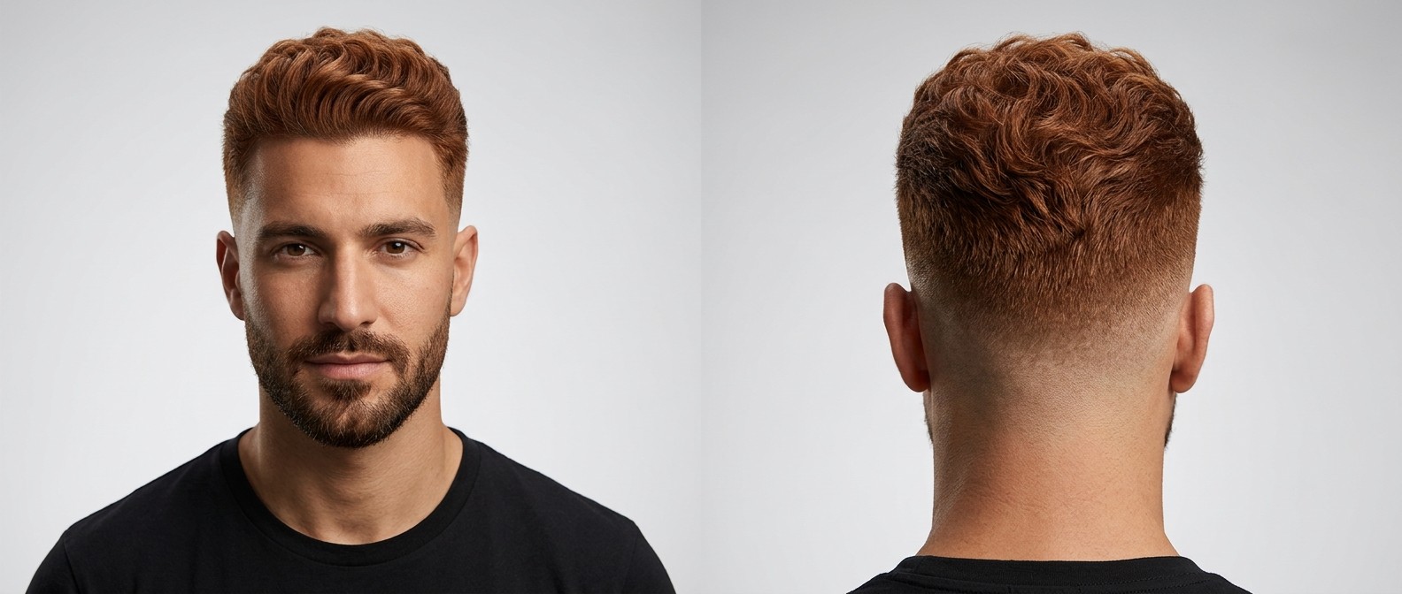Front and back view of a man with red, wavy hair featuring a mid skin fade, textured voluminous top, and a neatly groomed beard.