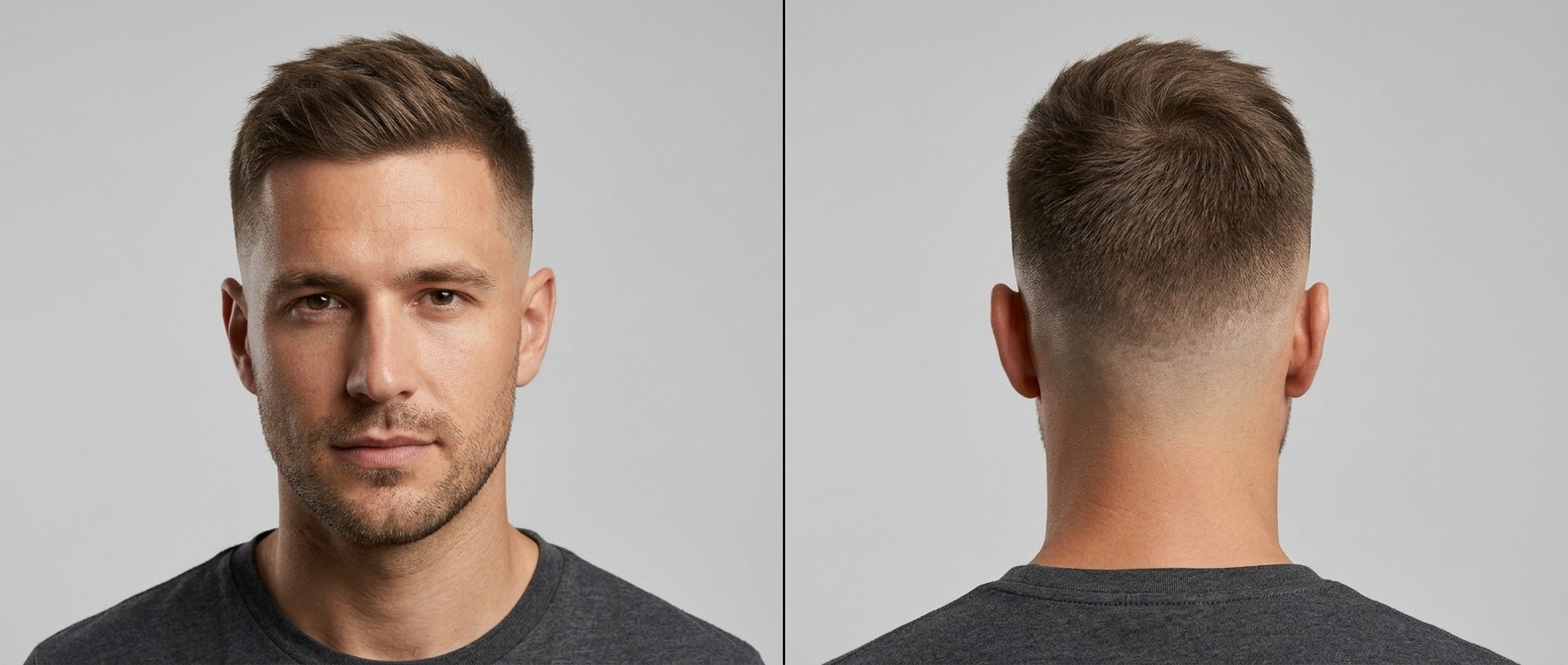 Front and back view of a Caucasian man with a mid-high skin fade, textured swept top, and light facial stubble against a solid light grey background.