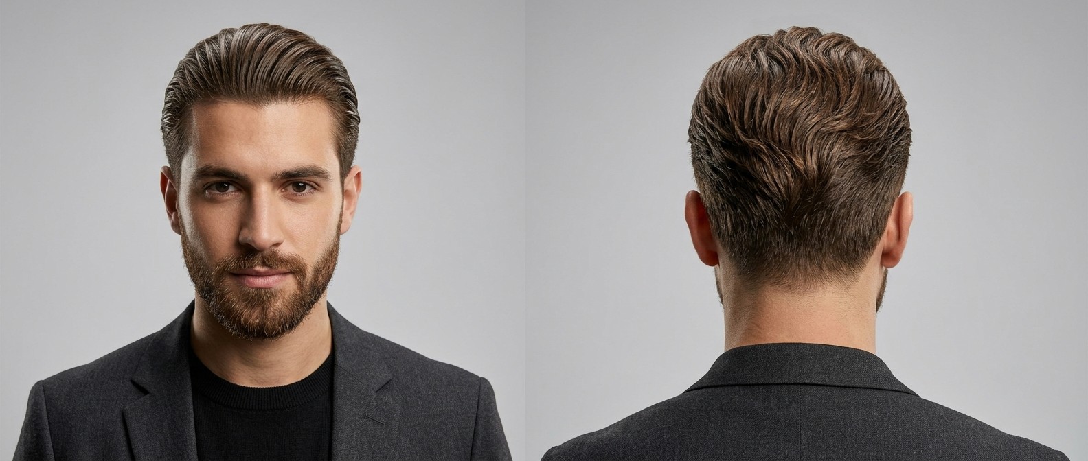 Jovem com barba curta modelando um corte slicked-back de comprimento médio com textura ondulada e volume natural.