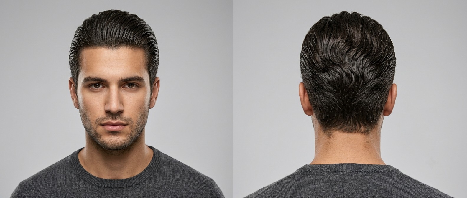 Vue de face et de dos d'un jeune homme aux cheveux bruns ondulés, coiffés en slick back brillant et professionnel.