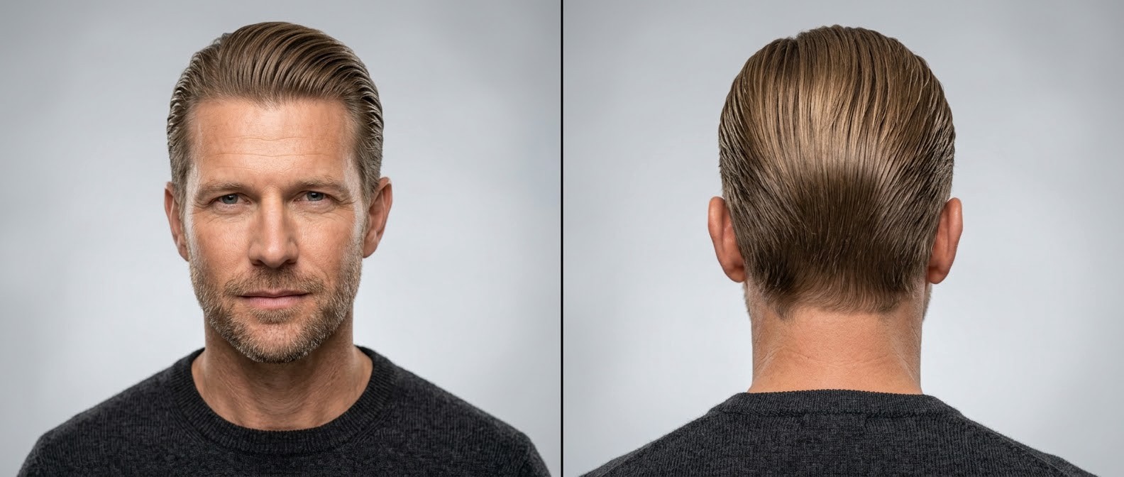 Vue de face et de dos d'un homme mûr aux cheveux châtain clair portant une coupe slicked back classique avec du volume et des côtés soignés.
