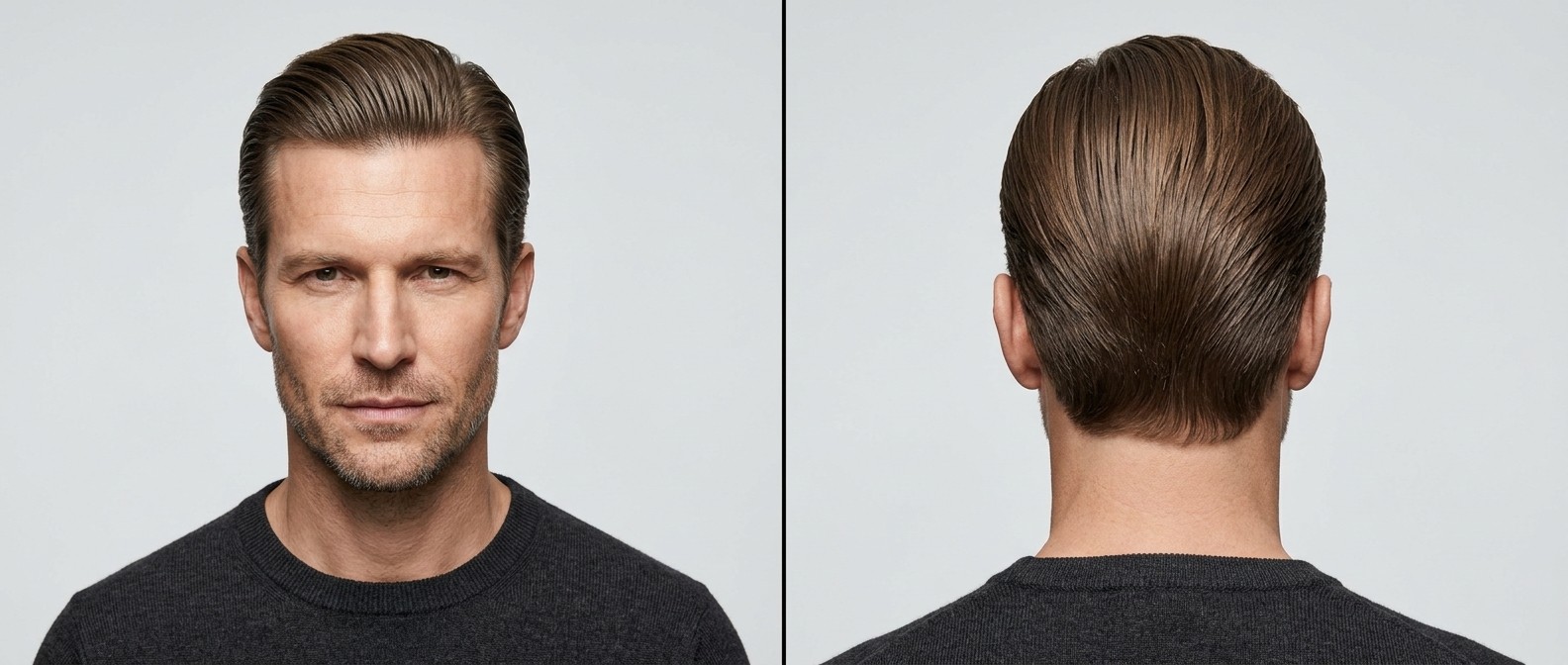 Widok z przodu i z tyłu dojrzałego mężczyzny z klasyczną fryzurą executive slicked back, z wycieniowanymi bokami i widocznymi liniami po grzebieniu.