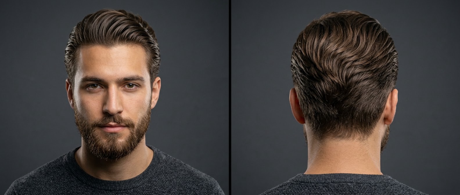 Vista frontal y trasera de un hombre joven con piel cetrina y barba luciendo un peinado slick back ondulado y texturizado con laterales taper.