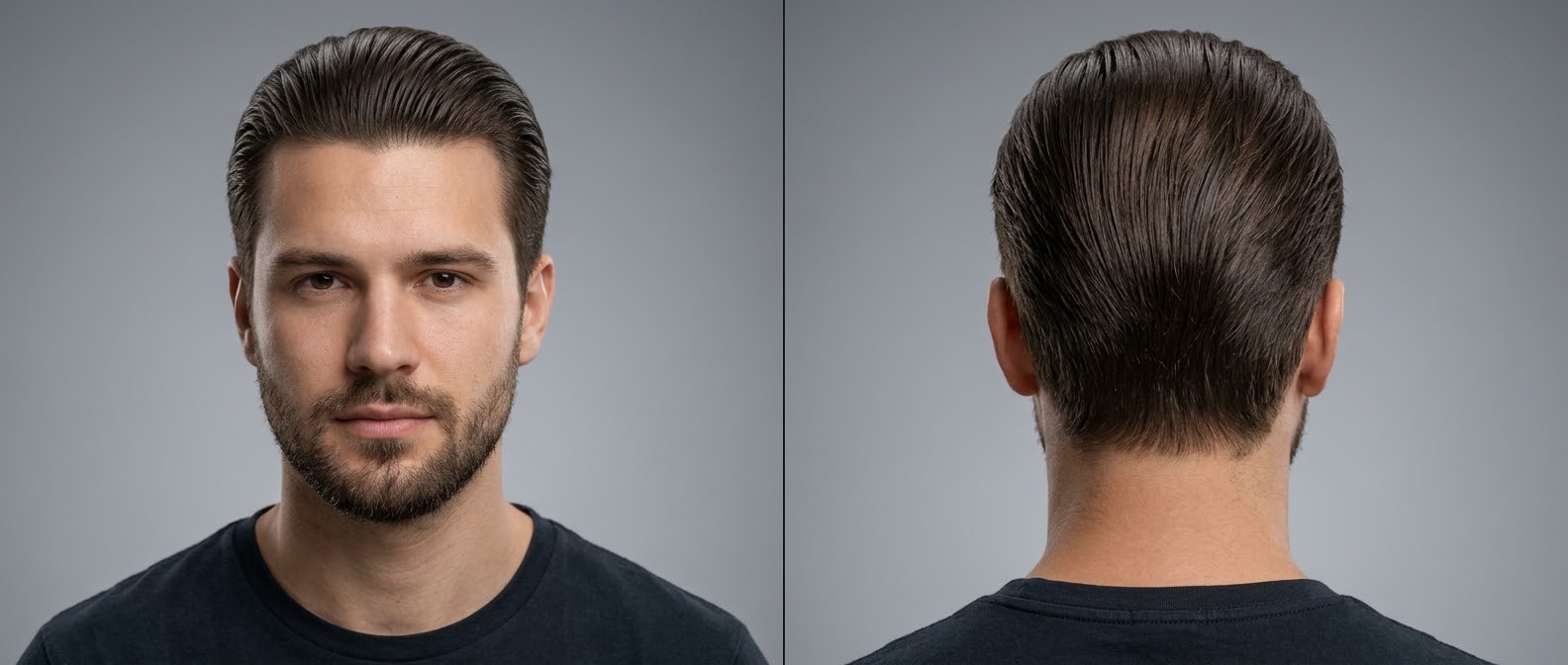 Visão frontal e traseira de homem jovem com corte slicked back clássico, laterais médias em taper e barba curta bem alinhada.